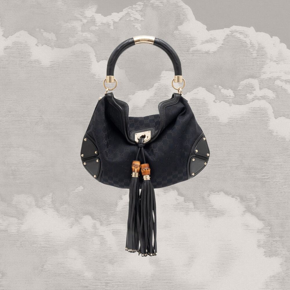 GUCCI Babouska Indy shoulder crossbody hobo bag 2-way bamboo fringe tassels